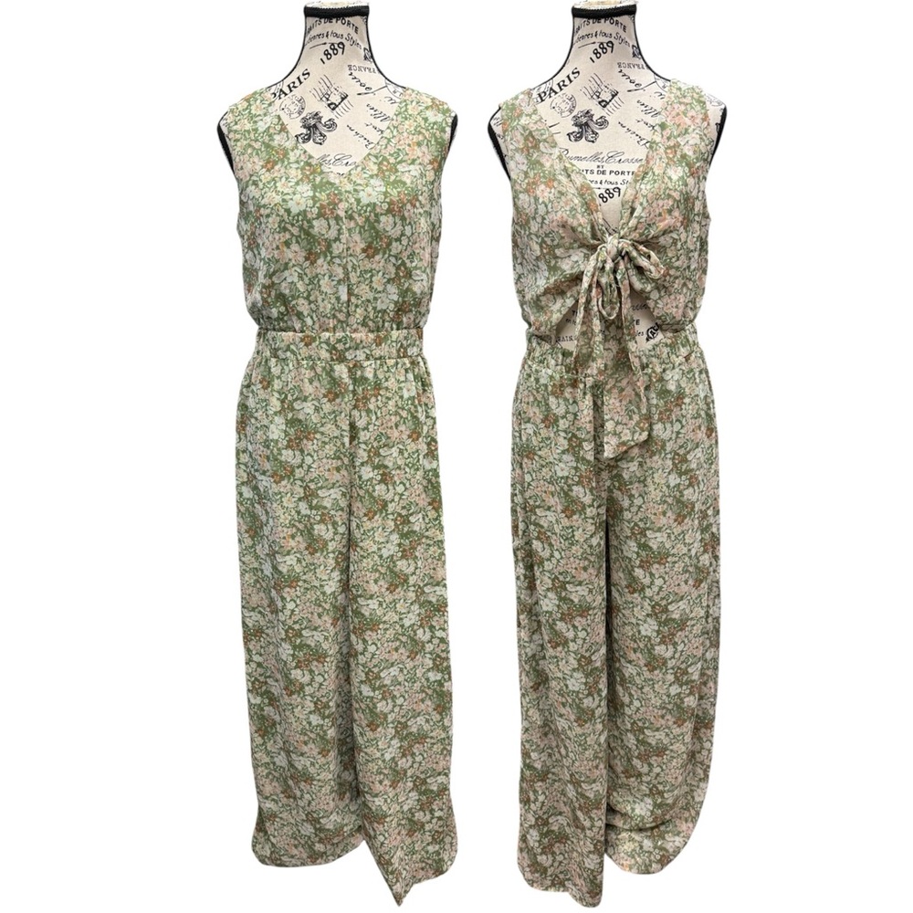 SAGE The Label Green Floral Reversible Tie-Front Wide Leg Jumpsuit Size Medium - Picture 2 of 12